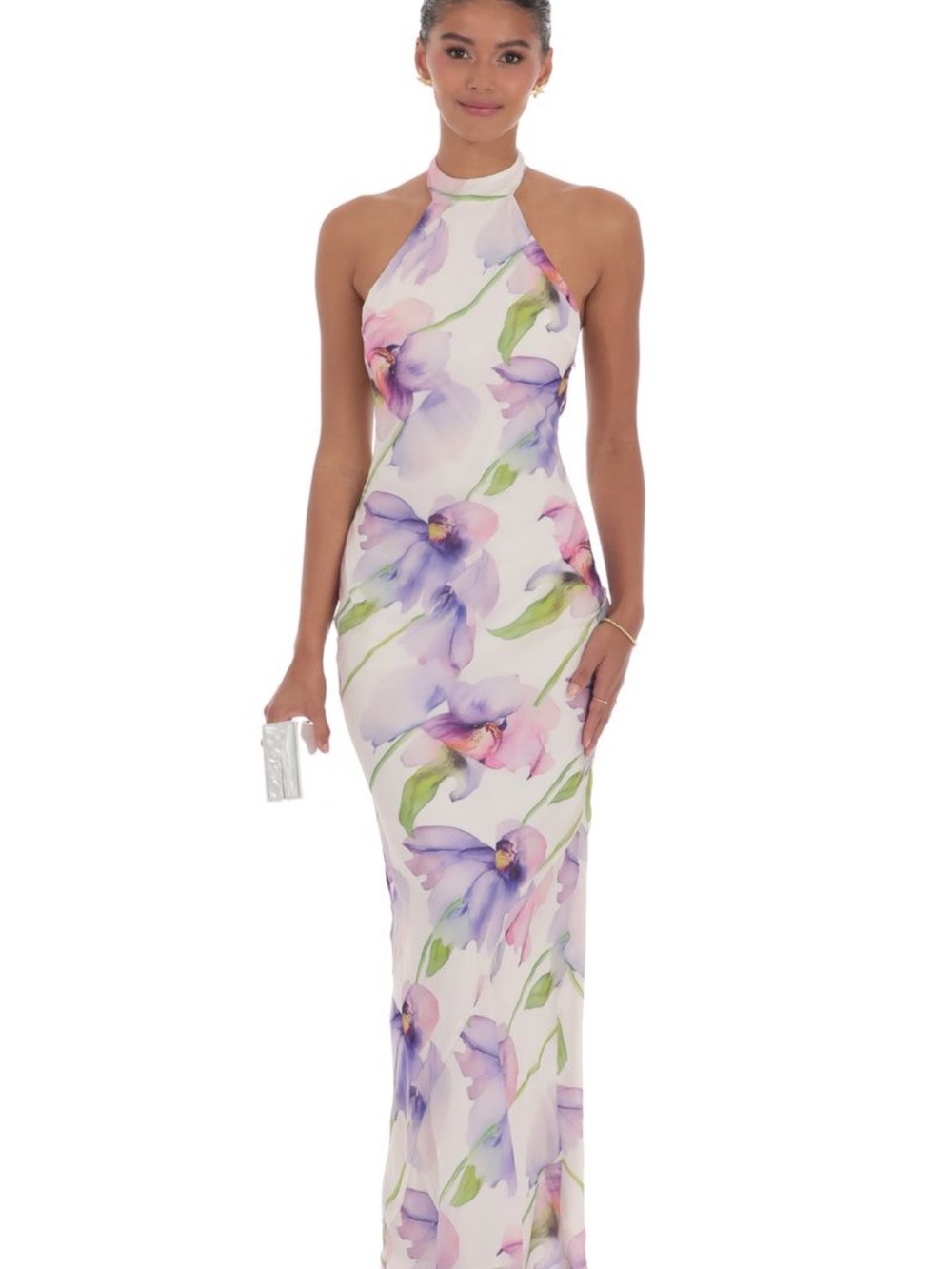 Lucy in the Sky White Halter Maxi Dress with Purple and Pink Floral Print